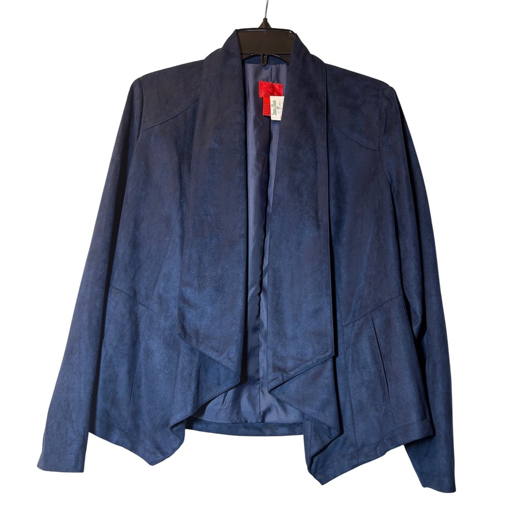 Cristina NWT Navy Blue Faux Suede‎ Draped Open Front Blazer Jacket - Size M